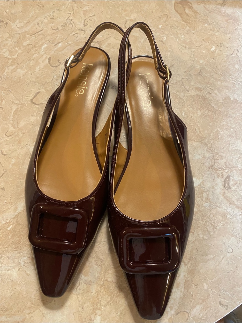 Kensie Glossy Pointed Slingback Flats in Dark Brown